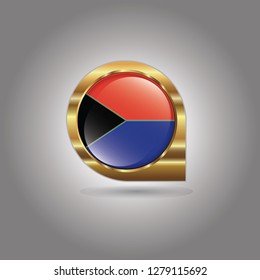 Flag of South Africa, button with the reflection of light and shadow, gold frame, Icon country. Realistic vector illustration on gray background.