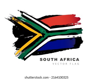 Flag of South Africa. Colored brush strokes drawn by hand. Vector illustration isolated on white background. Colorful South African flag logo.