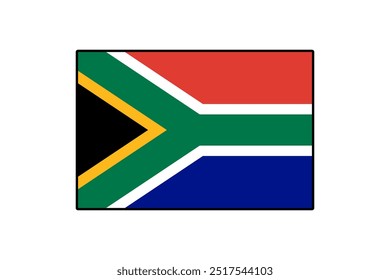 The flag of South Africa features distinct colors and shapes, symbolizing unity and diversity. It prominently displays green, black, yellow, red, and blue in a unique design.