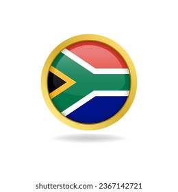 flag of South Africa with golden frame, circle round glossy button, vector design, editable eps file