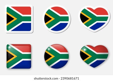 Flag of South Africa icons collection. Flat stickers and 3d realistic glass vector elements on white background with shadow underneath.