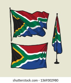 Flag of South Africa on the wind and on the wall - vector illustration set