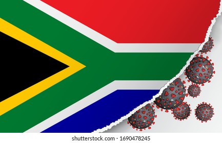 Flag Of South Africa With Outbreak Deadly Coronavirus Covid-19. Banner With The Spread Of Coronavirus 2019-nCoV. Large Bacteriums Against Background Of National Flag. Concept Of Coronavirus Quarantine