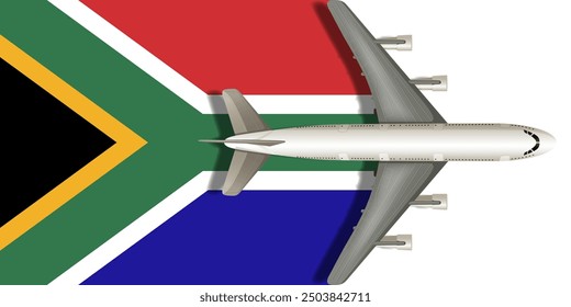 Flag of SOUTH AFRICA with a plane flying over it close up. Vector image.
