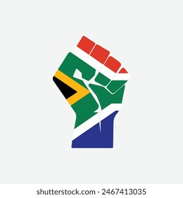Flag of South Africa in the shape of raised hand sign isolated on background. Fist symbol modern, simple, vector, icon for website design, mobile app, ui. Vector Illustration