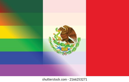 Flag of the South American country of Mexico faded with the LGBT rainbow flag