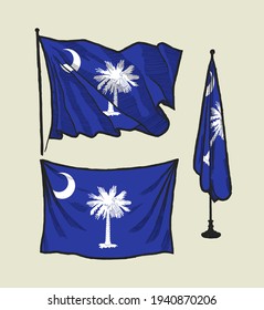 Flag of South Carolina on the wind and on the wall hand drawn vector illustration set