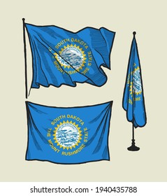 Flag of South Dakota on the wind and on the wall hand drawn vector illustration set