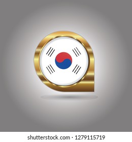 Flag of South Korea, button with the reflection of light and shadow, gold frame, Icon country. Realistic vector illustration on gray background.