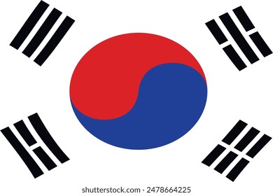 The flag of South Korea is called the Taegeukgi. It consists of a white field with a red and blue Taegeuk (also known as Taiji) symbol in the center. Surrounding the Taegeuk are four black trigrams