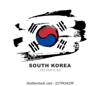 Bandera de Corea del Sur. Pulsaciones de pincel coloreadas dibujadas a mano. Ilustración vectorial aislada en fondo blanco. Colorido logo de la bandera surcoreana.