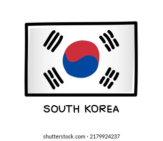 Flag of South Korea. Colorful logo of South Korean flag. White brush strokes, hand drawn. Black outline. Vector illustration isolated on white background.