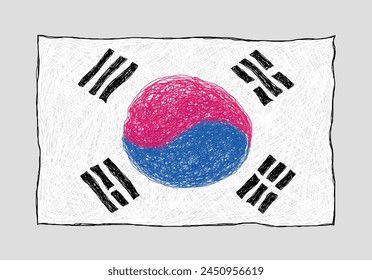 La bandera de Corea del Sur dibujada en estilo infantil con lápices