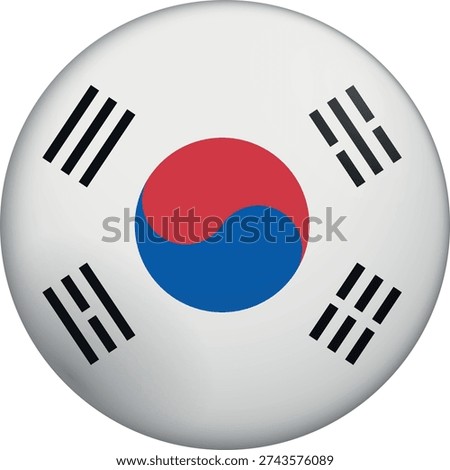 Flag of South Korea. Glossy circular flag. Button appearance. 3D Icon Design with depth. Professional, tactile look. Perfect for representing national identity in digital interfaces and perfect for websites