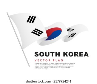 The flag of South Korea hangs on a flagpole and flutters in the wind. Vector illustration isolated on white background. Colorful logo of South Korean flag.