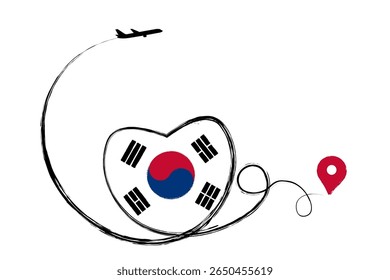 Bandeira da Coreia do Sul. Coração, adoro viagem romântica. Símbolo de avião, avião, avião, avião, voo, avião a jato de voo. Caminho da linha. Rota do ponteiro de localização do vetor. Viaje para o seu design. EPS10