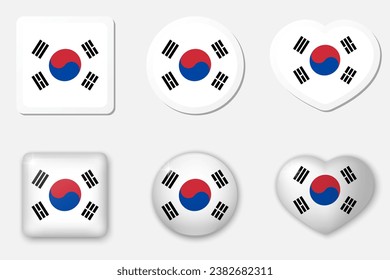 Flagge der South Korea Icons Sammlung. Flache Aufkleber und 3D-realistische Glas-Vektorelemente auf weißem Hintergrund mit Schatten darunter.