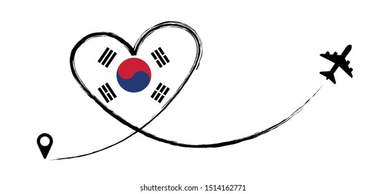Flag South Korea, Koreans, Korean. Heart, love romantic travel. Symbol of  airplane, air plane, aircraft, aeroplane, flying, fly jet airline. Line path. Vector location pointer route. Travel. 
