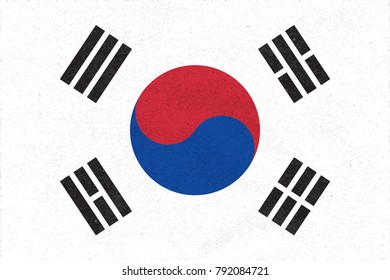 Flag of South Korea Made with Rough Paper Texture and Official Korean National Colors and Correct Proportions - Black Blue and Red Elements on White Background - Vector Flat Graphic Design