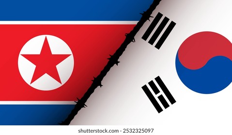 A bandeira da Coreia do Sul e da Coreia do Norte é separada por arame farpado Conceito de conflito militar, guerra, invasão, de parcerias , comércio, parceria estratégica, sanções, deveres.	