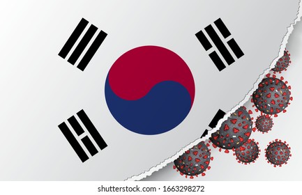 Flag of South Korea with outbreak deadly coronavirus covid-19. Banner with the spread of Coronavirus 2019-nCoV virus strain. A large coronavirus bacteriums against background of the national flag.