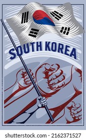 Flag of south korea poster design. Poster illustration of korean flag or Taegukgi or 태극기 in retro style. World nation flag poster design with hand fist illustration