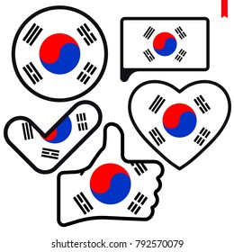 Flag of South Korea in the shape of Button, Heart, Like, Check mark, flat style, symbol of love for his country, patriotism, icon for Independence Day.