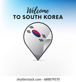 Flag of South Korea in shape of map pointer or marker. Welcome to South Korea. Vector illustration.