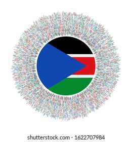 Flag of South Sudan with colorful rays. Radiant country sign. Shiny sunburst with South Sudan flag. Vibrant vector illustration.