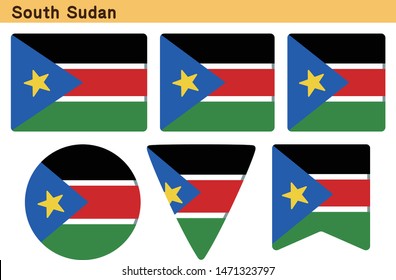 Flag of South Sudan. Flag icon set of six different shapes. Vector Illustration.
