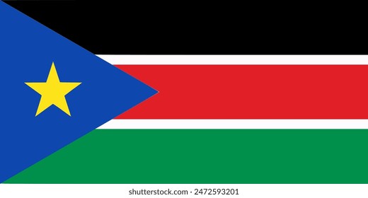 The flag of South Sudan. Flag icon. Standard color. Standard size. A rectangular flag. Computer illustration. Digital illustration. Vector illustration.