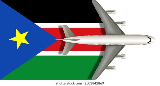 Flag of SOUTH SUDAN with a plane flying over it close up. Vector image.