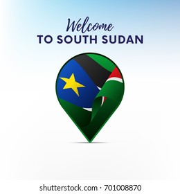 Flag of South Sudan in shape of map pointer or marker. Welcome to South Sudan. Vector illustration.