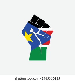 Flag of South Sudan in the shape of raised hand sign isolated on background. Fist symbol modern, simple, vector, icon for website design, mobile app, ui. Vector Illustration