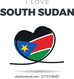 Flag of South Sudan. Stylized heart-shaped framed design. A continuous black line that loops to form the heart's silhouette, adding a minimalist and artistic touch. Love and patriotism for the culture