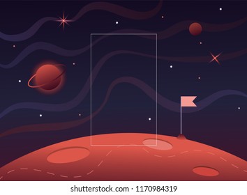 Flag in space.Milky Way. Red planet landscape vector illustration. Background with place for text. Surface of the planet craters. Space decoration design.Stars and comets on starry background.Mars