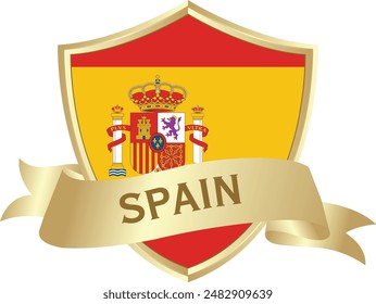 Flag of spain as around the metal gold shield with spain flag