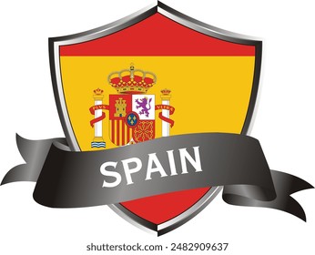 Flag of spain as around the metal silver shield with spain flag