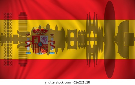 Flag of Spain with Barcelona skyline - vector illustration