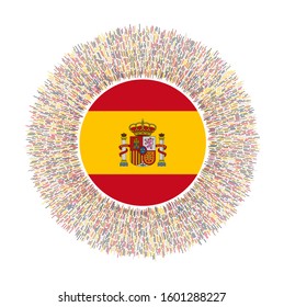 Flag of Spain with colorful rays. Radiant country sign. Shiny sunburst with Spain flag. Appealing vector illustration.