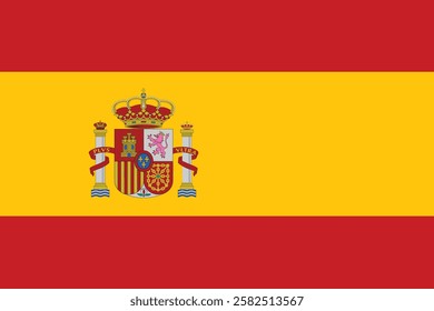 The flag of Spain consists of three horizontal stripes: red, yellow and red, the yellow stripe being twice the height of each red stripe.  That middle stripe often bears the Coat of Arms.