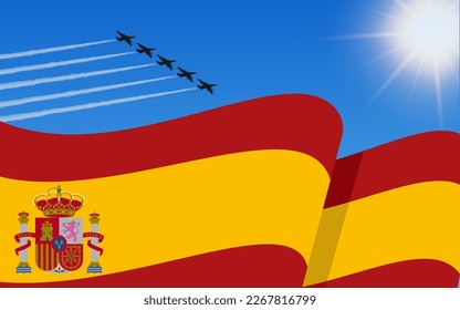 Flag of Spain and a fighter plane formation flying in the sky. 12th October Independence day Spain. Military aviation in the blue sky. Vector illustration