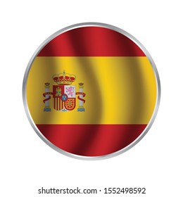 Flag of Spain, icon. Realistic color. Abstract concept. Raster illustration on white background, The Spanish flag. Round glossy icon. Isolated on white background.