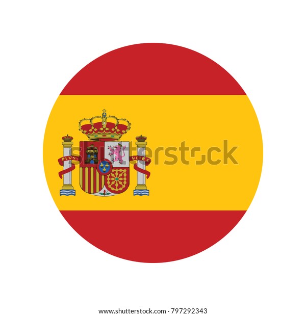 Flag of Spain, icon.\
Realistic color. Abstract concept. Raster illustration on white\
background, The Spanish flag. Round glossy icon. Isolated on white\
background.