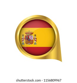 Flag of Spain, location map pin, pointer flag Spain, button gold, Icon country . Vector Illustration EPS10.
