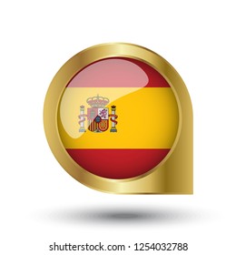 Flag of Spain, location map pin, pointer flag, button with the reflection of light and shadow, gold frame, Icon country. Realistic vector illustration on white background.