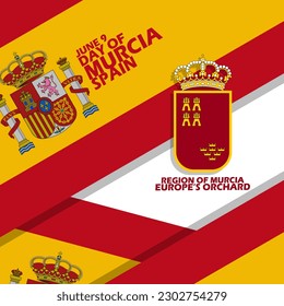 Flag of Spain with the flag of Murcia and bold text on a white background to commemorate Day of Murcia on June 9 in Spain