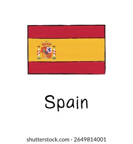 Bandeira da Espanha com contorno e assinatura em fundo branco. Esboço vetorial desenhado à mão, ideal para educação, política, infográficos, web design, cartazes e apresentações culturais.