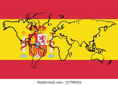 The flag of Spain with the outline of the world