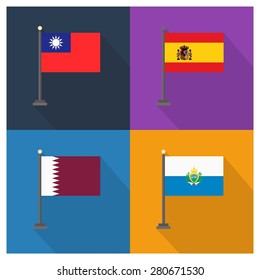 Flag of Spain - Flag of san marino - Flag of Taiwan - Flag of Qatar - The flat design of the 4 country flag on the flagpole . Modern World Flag design, Vector illustration template design